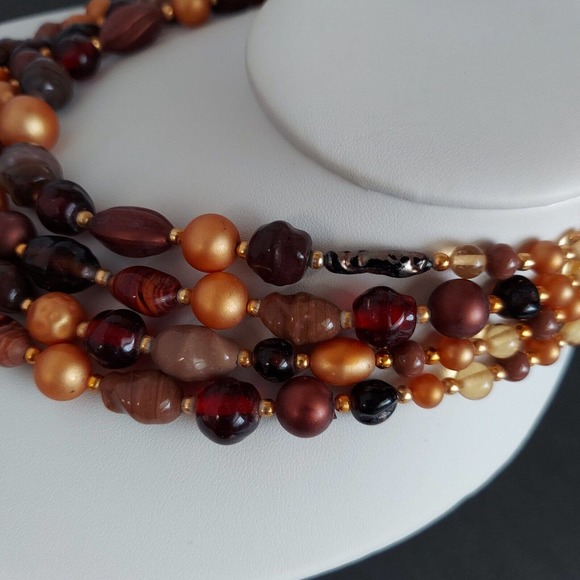 Vintage Japan Multi Strand Mix Bead Collar Necklace 15" Glass Brown Gold Estate - Picture 9 of 12